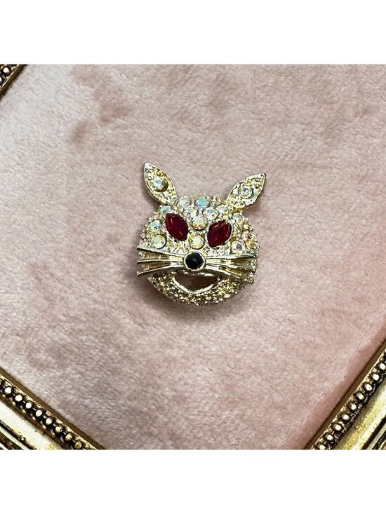 Vintage Jewelry - Vintage Aurora Borealis Crystal Rabbit Brooch Pin Red Rhinestone Eyes Gold-Tone